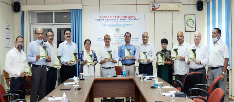 Release of book on 'Recent Advances in <i>Melia dubia Cav</i>.' on 20/09/2021 by Sh. A.S Rawat, DG, ICFRE