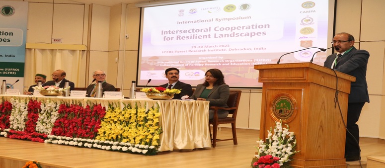 DG, ICFRE shri A.S Rawat  addressing in the inaugural session of the International Symposium on “Intersectoral Cooperation for Resilient Landscapes” from 29-30 March 2023 at ICFRE, Dehradun